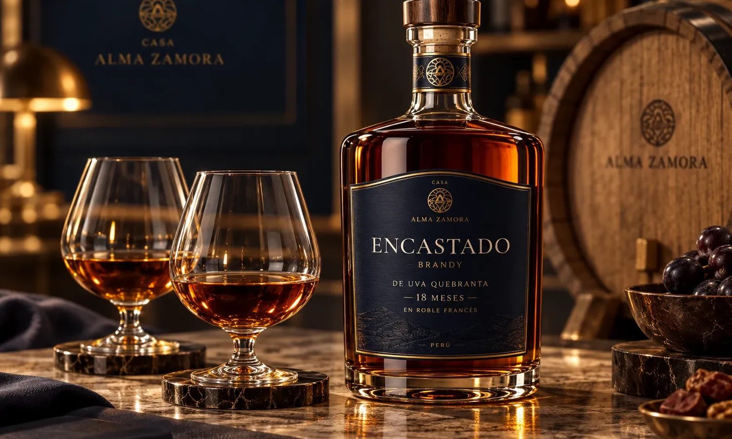 Botella ENCASTADO en entorno premium de barrica y bodega